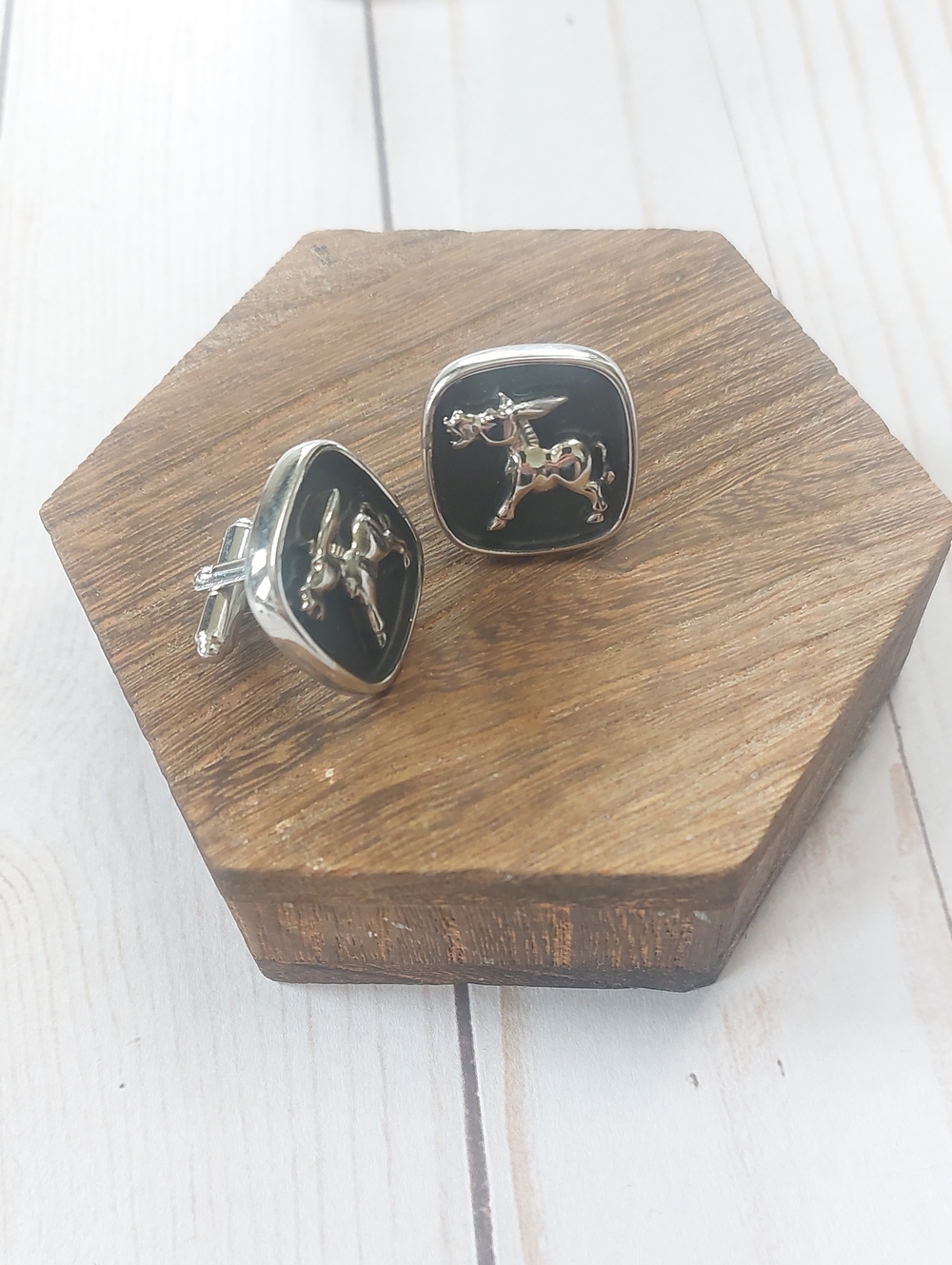 Silver-Tone Black Enamel Donkey Cufflinks